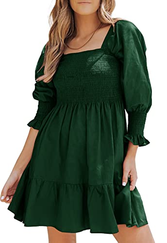 JayscreateEU Damen Kleid Sommerkleid Tunika Kleider Knielanges A-Linie Hohe Taille Elegant Kurze Kleider 3/4 Ärmel Bishop Square Neck Chiffonkleid Strandkleid BabydollKleid Off Shoulder,Grün,M von JayscreateEU