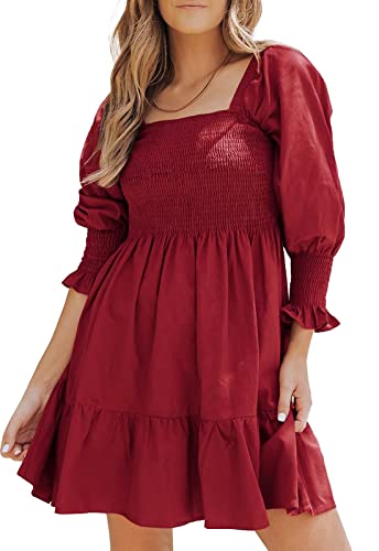 JayscreateEU Damen Kleid Sommerkleid Tunika Kleider Knielanges A-Linie Hohe Taille Elegant Kurze Kleider 3/4 Ärmel Bishop Square Neck Chiffonkleid Strandkleid BabydollKleid Off Shoulder,Rot,M von JayscreateEU