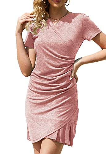 JayscreateEU Damen Kleid Sommerkleid Wickelkleid Partykleid Elegant Kleider Kurze Ärmel V-Ausschnitt Knielanges Minikleid Strandkleid Bleistiftkleid Festlich BodyconKleid,Rosa,L von JayscreateEU