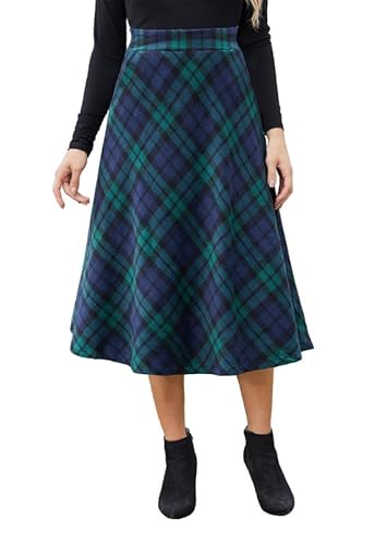 JayscreateEU Damen Midi Plaid Rock Damen Hohe Elastische Taille A-Linie Flowy Langer Rock mit Taschen für Frauen UK, grün, 48 von JayscreateEU