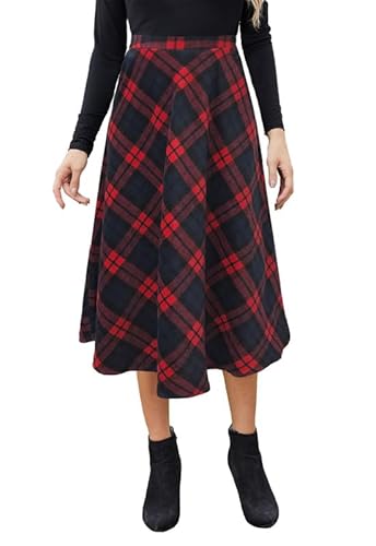 JayscreateEU Damen Midi Plaid Rock Damen Hohe Elastische Taille A-Linie Flowy Langer Rock mit Taschen für Frauen UK, rot, 48 von JayscreateEU