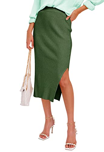 JayscreateEU Damen Rock Knielang Gestrickter Rock Hohe Taille Stretch Rock mit Schlitz Midirock Partyrock Eleganter Herbst -Winter Rock Skirt Bleistiftrock Freizeitrock,Grün,M von JayscreateEU