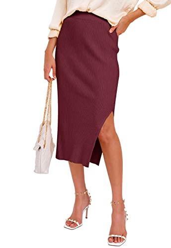 JayscreateEU Damen Rock Mit Schlitz Midi Rock Langer Knielang Wickelrock Midirock Partyrock Sommer Rock Herbst Winter Rock Skirt Damen Bleistiftrock,Rot,S von JayscreateEU