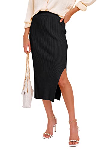 JayscreateEU Damen Rock Mit Schlitz Midi Rock Langer Knielang Wickelrock Midirock Partyrock Sommer Rock Herbst Winter Rock Skirt Damen Bleistiftrock,Schwarz,L von JayscreateEU