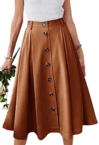 JayscreateEU Damen Midirock Lang Hohe Taille Knielang A-Linie Mit Taschen Sommer Mit Falten Maxirock Herbst Mit Fransen, Braun, L von JayscreateEU