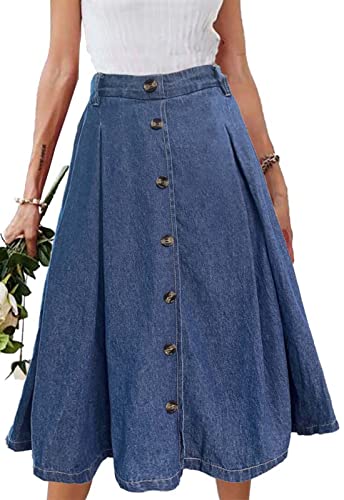 JayscreateEU Damen Rock Midirock Rock Lang Hohe Taille Rock Knielang A Linie Damen Mit Taschen Sommer Rock Mit Falten Maxirock Herbst Rock mit Fransen,Denim Blau,XXL von JayscreateEU