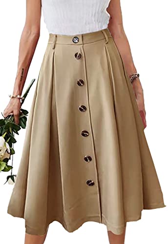 JayscreateEU Damen Midirock Lang Hohe Taille Knielang A-Linie Mit Taschen Sommer Mit Falten Maxirock Herbst Mit Fransen, Khaki, M von JayscreateEU