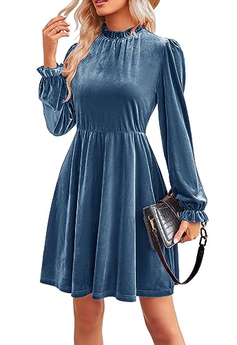 JayscreateEU Damen Smatkleid Kleid Damen A-Linie Hohe Taille Herbstkleid winterkleid Kurzkleid Elegant Partykleid Knielang Festlich Kleid Langarm Damen Weihnachtskleid Damen,Blau,XL von JayscreateEU