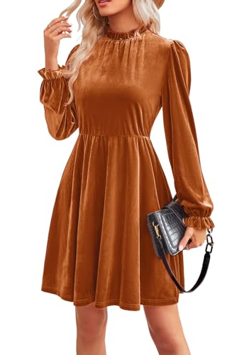 JayscreateEU Damen Smatkleid Kleid Damen A-Linie Hohe Taille Herbstkleid winterkleid Kurzkleid Elegant Partykleid Knielang Festlich Kleid Langarm Damen Weihnachtskleid Damen,Orange,L von JayscreateEU