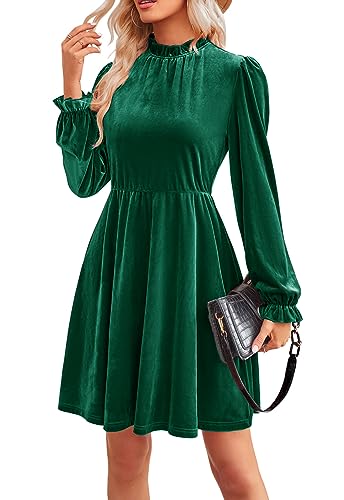 JayscreateEU Damen Smatkleid Kleid Damen A-Linie Hohe Taille Herbstkleid winterkleid Kurzkleid Elegant Partykleid Knielang Festlich Kleid Langarm Damen Weihnachtskleid Damen,Grün,L von JayscreateEU