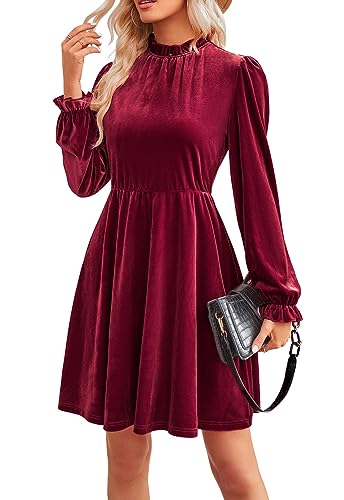 JayscreateEU Damen Smartkleid A-Linie Hohe Taille Herbst-Winterkleid Kurzkleid Elegant Partykleid Knielang Festlich Langarm Weihnachtskleid, Rot, L von JayscreateEU