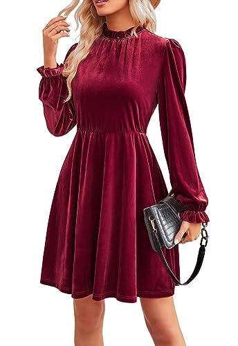 JayscreateEU Damen Smatkleid Kleid Damen A-Linie Hohe Taille Herbstkleid winterkleid Kurzkleid Elegant Partykleid Knielang Festlich Kleid Langarm Damen Weihnachtskleid Damen,Rot,M von JayscreateEU