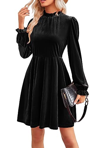 JayscreateEU Damen Smatkleid Kleid Damen A-Linie Hohe Taille Herbstkleid winterkleid Kurzkleid Elegant Partykleid Knielang Festlich Kleid Langarm Damen Weihnachtskleid Damen,Schwarz,L von JayscreateEU