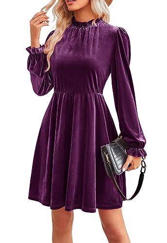 JayscreateEU Damen Smatkleid Kleid Damen A-Linie Hohe Taille Herbstkleid winterkleid Kurzkleid Elegant Partykleid Knielang Festlich Kleid Langarm Damen Weihnachtskleid Damen,Violett,M von JayscreateEU