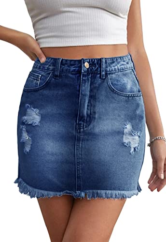 JayscreateEU Damen Sommerrock Jeansrock Enger Minirock Mit Tasche Hüftrock A-Linie Mit Taschensaum Und Fransen, Blau, S von JayscreateEU