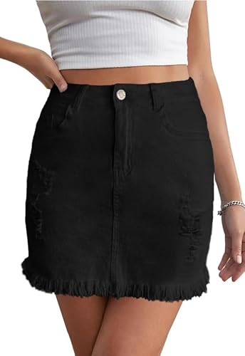 JayscreateEU Damen Sommerrock Jeansrock Enger Minirock Mit Tasche Hüftrock A-Linie Mit Taschensaum Und Fransen, Schwarz, L von JayscreateEU