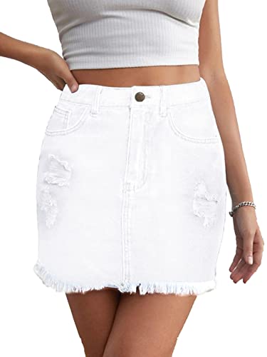 JayscreateEU Damen Sommerrock Jeansrock Enger Minirock Mit Tasche Hüftrock A-Linie Mit Taschensaum Und Fransen, Weiß, S von JayscreateEU