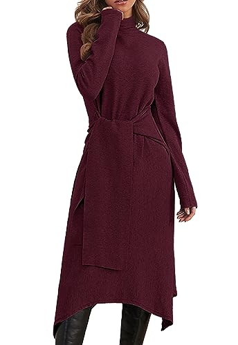 JayscreateEU Damen Strickkleid Winter Kleid Herbst Damen Winterkleider Herbstkleid Midikleid Pulloverkleid Mit Rollkragen Langarm Kleid Mit Gürtel Warmer Kleid A-Linie，Rot，L von JayscreateEU