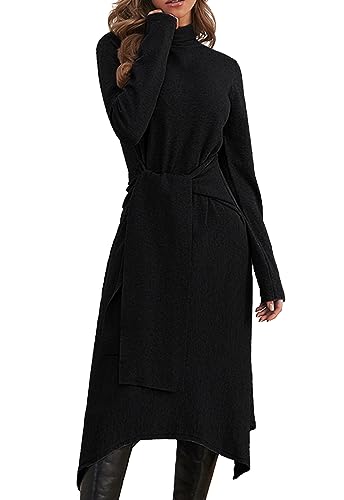 JayscreateEU Damen Strickkleid Winter Kleid Herbst Damen Winterkleider Herbstkleid Midikleid Pulloverkleid Mit Rollkragen Langarm Kleid Mit Gürtel Warmer Kleid A-Linie，Schwarz，L von JayscreateEU