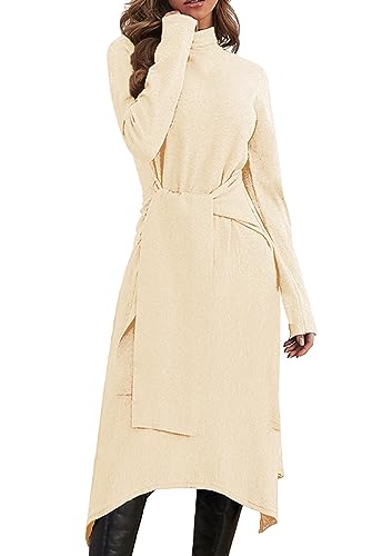 JayscreateEU Damen Strickkleid Winter Kleid Herbst Damen Winterkleider Herbstkleid Midikleid Pulloverkleid Mit Rollkragen Langarm Kleid Mit Gürtel Warmer Kleid A-Linie，WAprikose，L von JayscreateEU