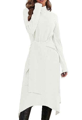 JayscreateEU Damen Strickkleid Winter Kleid Herbst Damen Winterkleider Herbstkleid Midikleid Pulloverkleid Mit Rollkragen Langarm Kleid Mit Gürtel Warmer Kleid A-Linie，Weiß，S von JayscreateEU