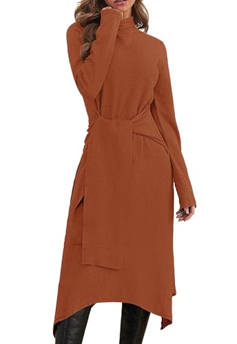 JayscreateEU Damen Strickkleid Winter Kleid Herbst Damen Winterkleider Herbstkleid Midikleid Pulloverkleid Mit Rollkragen Langarm Kleid Mit Gürtel Warmer Kleid A-Linie，Ziegelrot，L von JayscreateEU