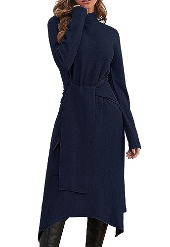 JayscreateEU Damen Strickkleid Winter Kleid Herbst Damen Winterkleider Herbstkleid Midikleid Pulloverkleid Mit Rollkragen Langarm Kleid Mit Gürtel Warmer Kleid A-Linie，Blau,M von JayscreateEU