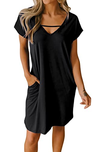 JayscreateEU Damenkleid Sommerkleid Tunikakleid T-Shirtkleid Knielanges Kleid A-Linie Kurzarm Kleid Freizeitkleid V-Ausschnitt Kleid mit Taschen Strandkleid ，Schwarz，XL von JayscreateEU