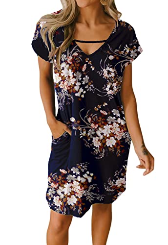 JayscreateEU Damenkleid Sommerkleid Tunikakleid T-Shirtkleid Knielanges Kleid A-Linie Kurzarm Kleid Freizeitkleid V-Ausschnitt Kleid mit Taschen Strandkleid Umstandskleid，Blaupause，M von JayscreateEU