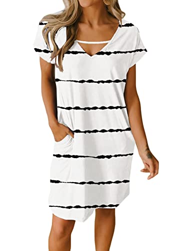 JayscreateEU Damenkleid Sommerkleid Tunikakleid T-Shirtkleid Knielanges Kleid A-Linie Kurzarm Freizeitkleid V-Ausschnitt Kleid mit Taschen Strandkleid Umstandskleid，Weiße Welle，XL von JayscreateEU