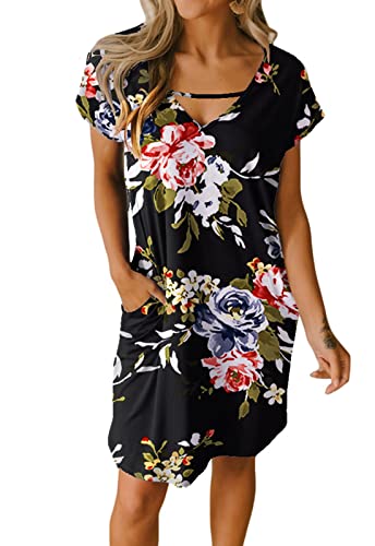 JayscreateEU Damenkleid Sommerkleid Tunikakleid T-Shirtkleid Knielanges Kleid A-Linie Kurzarm Kleid Freizeitkleid V-Ausschnitt Kleid mit Taschen Strandkleid Umstandskleid ，Schwarzer Druck，L von JayscreateEU