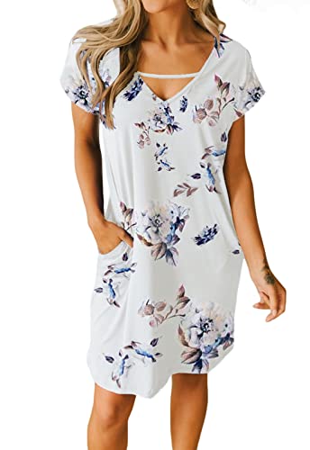 JayscreateEU Damenkleid Sommerkleid Tunikakleid T-Shirtkleid Knielanges Kleid A-Linie Kurzarm Kleid Freizeitkleid V-Ausschnitt Kleid mit Taschen Strandkleid Umstandskleid ，Weißer Druck，M von JayscreateEU