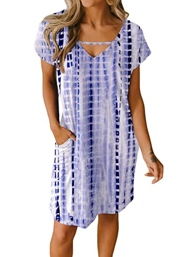 JayscreateEU Damenkleid Sommerkleid Tunikakleid T-Shirtkleid Knielanges Kleid A-Linie Kurzarm Kleid Freizeitkleid V-Ausschnitt Kleid mit Taschen Strandkleid Umstandskleid Casual Kleider，Lila，S von JayscreateEU