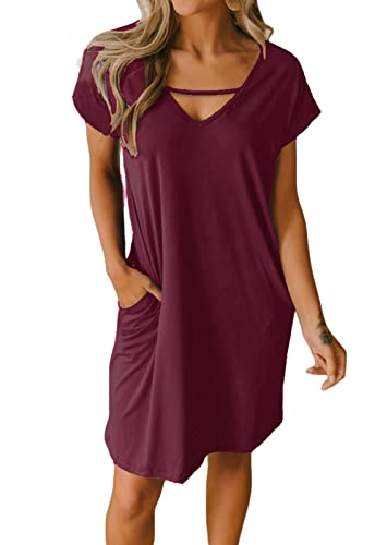 JayscreateEU Damenkleid Sommerkleid Tunikakleid T-Shirtkleid Knielanges Kleid A-Linie Kurzarm Kleid Freizeitkleid V-Ausschnitt Kleid mit Taschen Strandkleid Umstandskleid Casual Kleider ，Rot，S von JayscreateEU