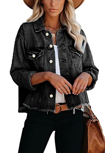 JayscreateEU Female Jeansjacke Kurze jacke Denim Jean Mantel Outwear Lange Ärmel Damen Jeansjacke mit Knöpfen Winter Herbst jacke Kanten und Waschen mit Tasche,Schwarz,M von JayscreateEU