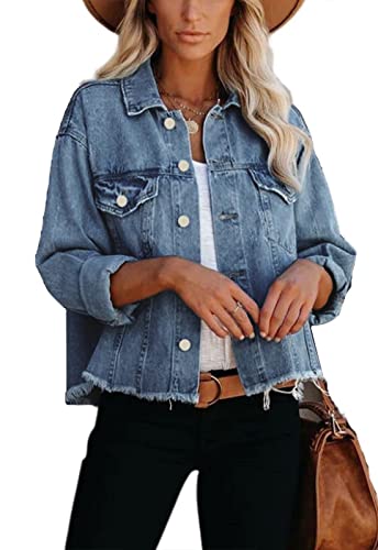 JayscreateEU Female Jeansjacke Kurze jacke Denim Jean Mantel Outwear Lange Ärmel Damen Jeansjacke mit Knöpfen Winter Herbst jacke Kanten und Waschen mit Tasche,hellblau,M von JayscreateEU