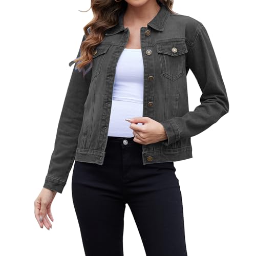Jayscreate Jeansjacke Damen Kurz Denim Jacke Jeansjacke Lange Ärmel Umlegekragen Damen Oversize Sommer mit Taschen Jean Mantel Outwear，Grau，XXL von JayscreateEU
