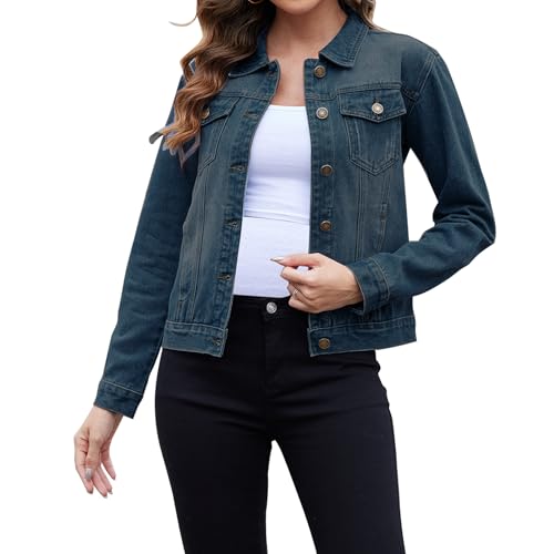 Jayscreate Jeansjacke Damen Kurz Denim Jacke Jeansjacke Lange Ärmel Umlegekragen Damen Oversize Sommer mit Taschen Jean Mantel Outwear，Navy blau，M von JayscreateEU
