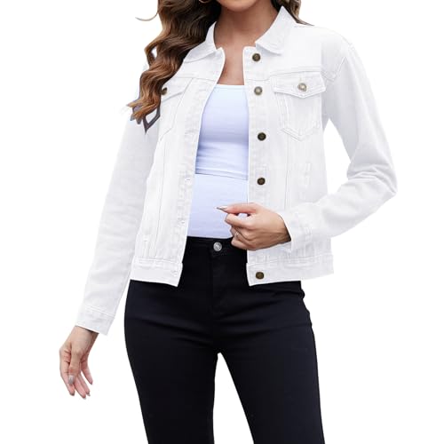 Jayscreate Jeansjacke Damen Kurz Denim Jacke Jeansjacke Lange Ärmel Umlegekragen Damen Oversize Sommer mit Taschen Jean Mantel Outwear，Weiß，L von JayscreateEU