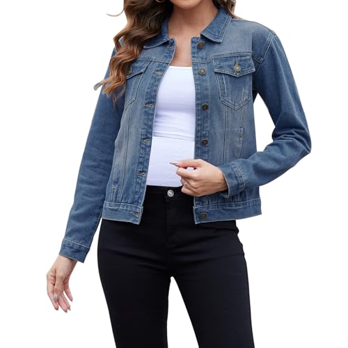 Jayscreate Jeansjacke Damen Kurz Denim Jacke Jeansjacke Lange Ärmel Umlegekragen Damen Oversize Sommer mit Taschen Jean Mantel Outwear，blau，XXL von JayscreateEU