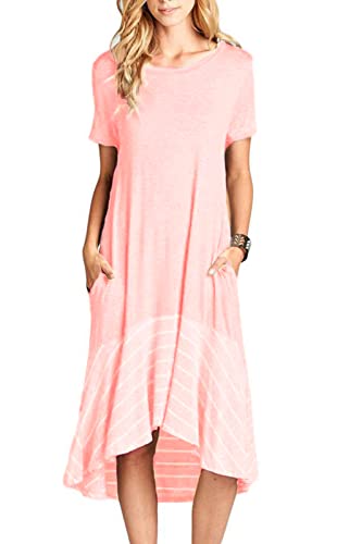 JayscreateEU Sommerkleid Damen Lang Strandkleid Kleid a Linie mit Tasche Rundhal Kleid Kurzarm Midikleid,Rosa,L von JayscreateEU