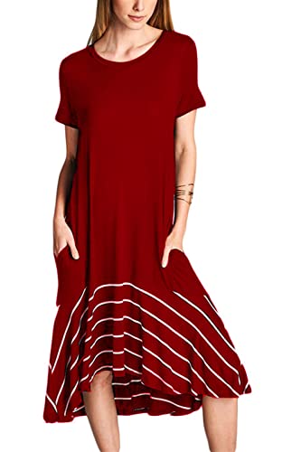 JayscreateEU Sommerkleid Damen Lang Strandkleid Kleid a Linie mit Tasche Rundhal Kleid Kurzarm Midikleid,rot,XL von JayscreateEU