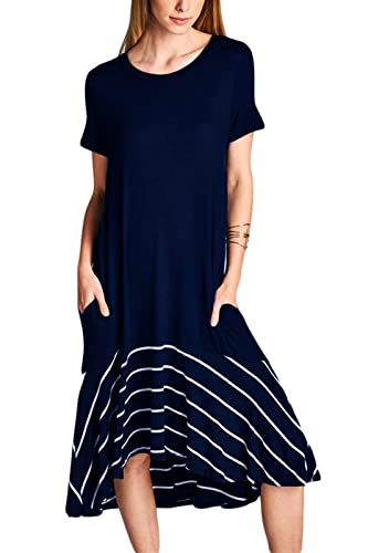 JayscreateEU Sommerkleid Damen Lang Strandkleid Kleid a Linie mit Tasche Rundhal Kleid Kurzarm Midikleid,Blau,S von JayscreateEU