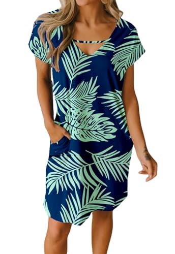 JayscreateEU Sommerkleid Strandkleid Damen Boho Kleid T-Shirtkleid Knielanges Kleid A-Linie Tunika Kleid Kurzarm Freizeitkleid V-Ausschnitt Kleid mit Taschen Kleider，Blattdruck，L von JayscreateEU