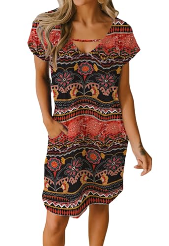 JayscreateEU Sommerkleid Strandkleid Damen Boho Kleid T-Shirtkleid Knielanges Kleid A-Linie Tunika Kleid Kurzarm Freizeitkleid V-Ausschnitt Kleid mit Taschen Kleider，Orange，M von JayscreateEU