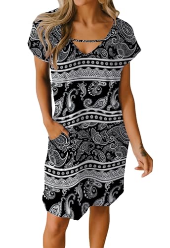 JayscreateEU Sommerkleid Strandkleid Damen Boho Kleid T-Shirtkleid Knielanges Kleid A-Linie Tunika Kleid Kurzarm Freizeitkleid V-Ausschnitt Kleid mit Taschen Kleider，Schwarzer Druck，L von JayscreateEU