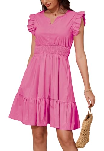 JayscreateEU Sommerkleid blusenkleid Elegantes Kleid Damen V-Ausschnitt Kurzarm mit Taschen Tunika Kleid a Linie wickelkleid Sun Dress for Women，Rosa，S von JayscreateEU