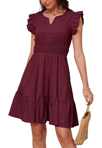 JayscreateEU Sommerkleid blusenkleid Elegantes Kleid Damen V-Ausschnitt Kurzarm mit Taschen Tunika Kleid a Linie wickelkleid Sun Dress for Women，Rot，M von JayscreateEU