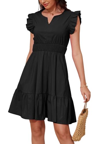 JayscreateEU Sommerkleid blusenkleid Elegantes Kleid Damen V-Ausschnitt Kurzarm mit Taschen Tunika Kleid a Linie wickelkleid Sun Dress for Women，Schwarz，M von JayscreateEU