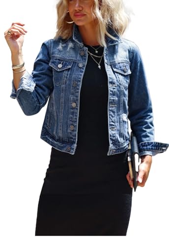 JayscreateEU jeansjacke damen kurz Denim Jacke jeansjacke sommer jeansjacke lange Ärmel Umlegekragen oversize Jeansjacke mit Taschen Jean Herbst Mantel Outwear ，Navy blau，L von JayscreateEU